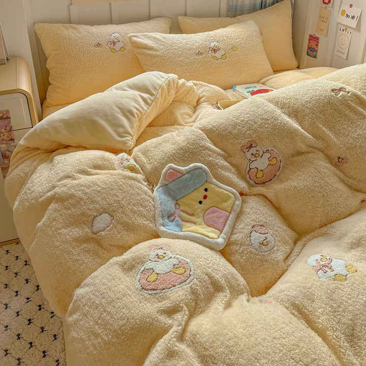 Plush Sherpa Reversible Comforter and Pillowcase Set with Kawaii Embroidered Motif