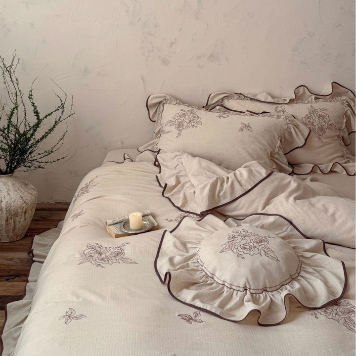 Embroidered Floral Ruffled Linen Duvet Cover Set