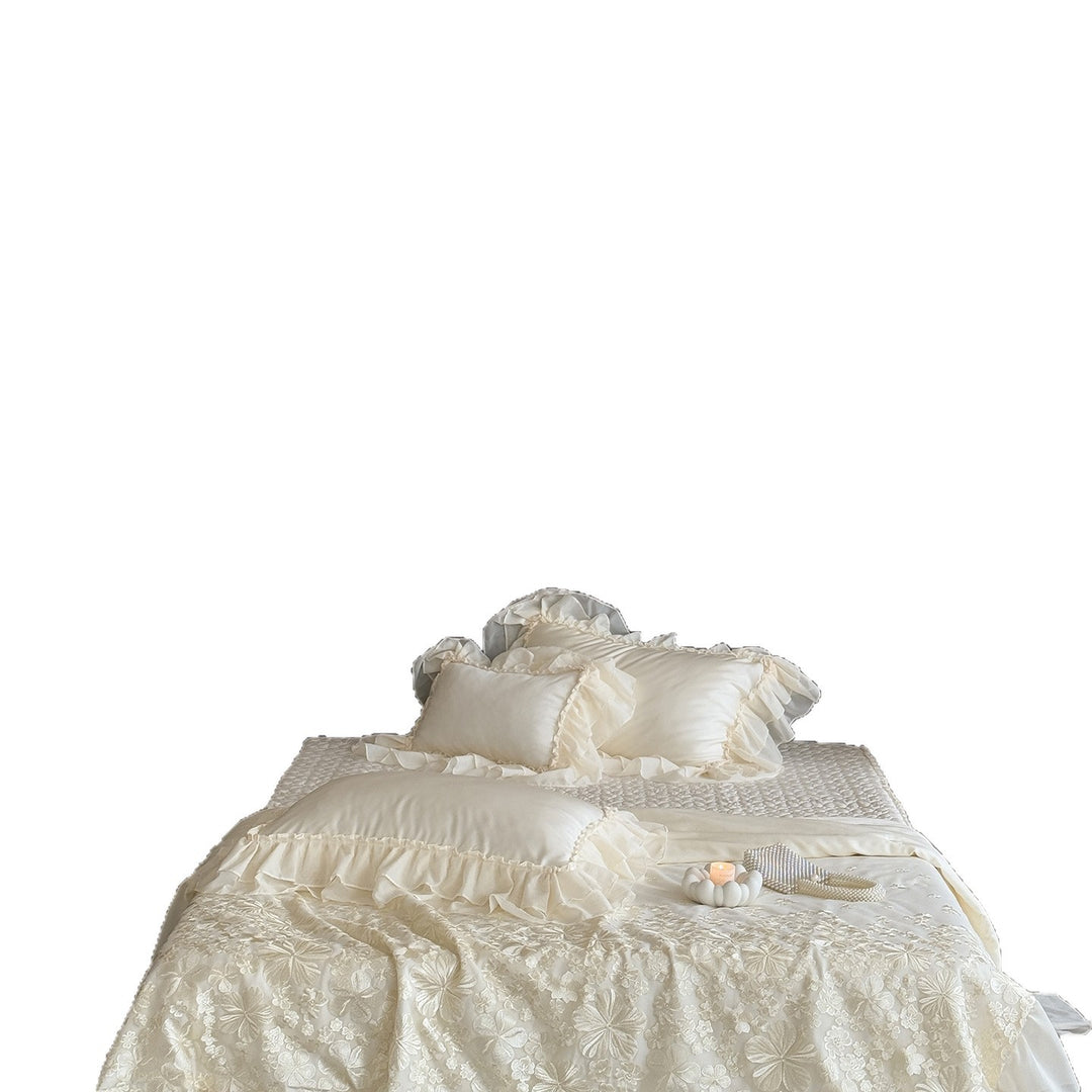 Elegant satin bedding set with double-layer chiffon ruffle and floral relief embroidery