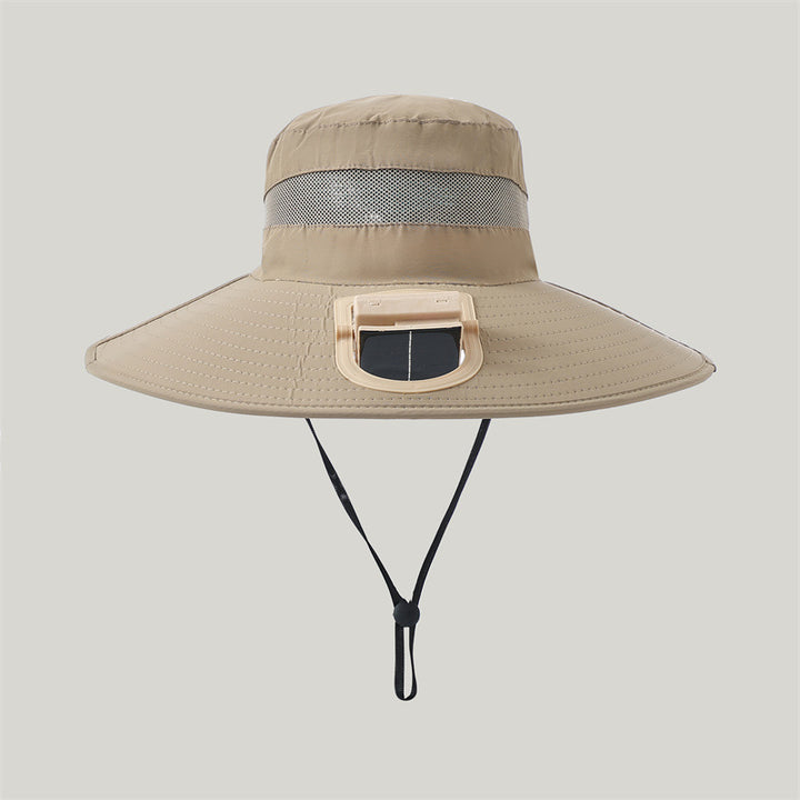 wide-brimmed outdoor sun hat with solar module, quiet mini fan, and adjustable chin strap Stornfield