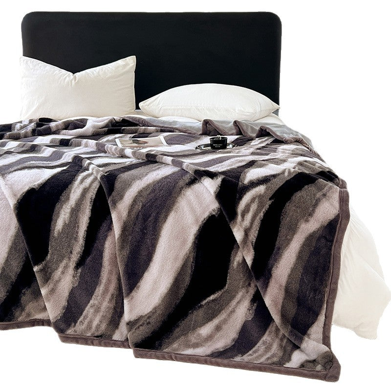 Extra soft microfiber living room blanket with wave pattern and velvet piping