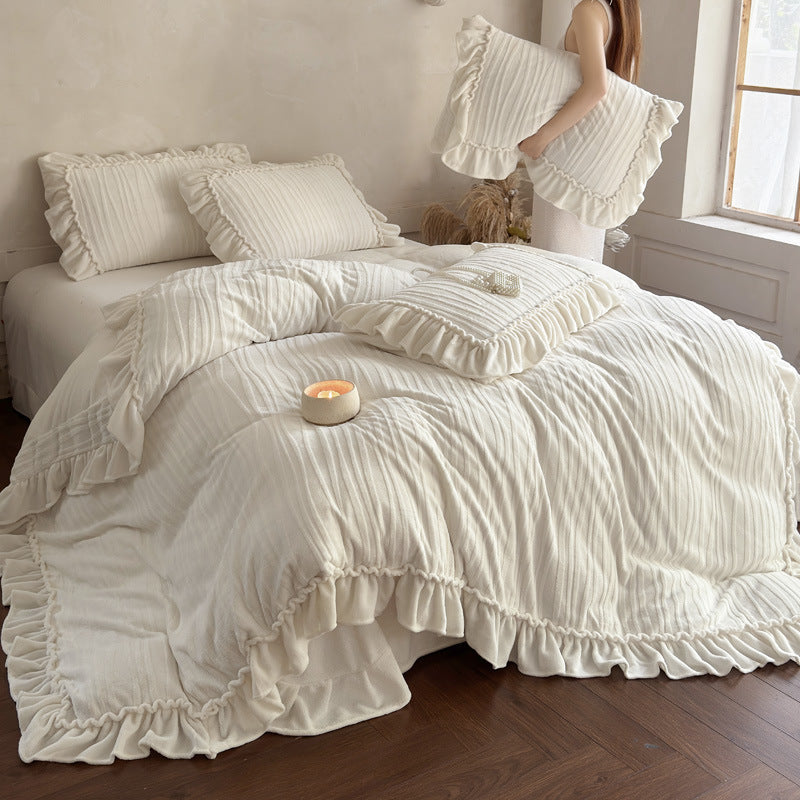 Ruffled Cotton Gauze Pin-Tuck Duvet Cover Set with Decorative Pillow Shams