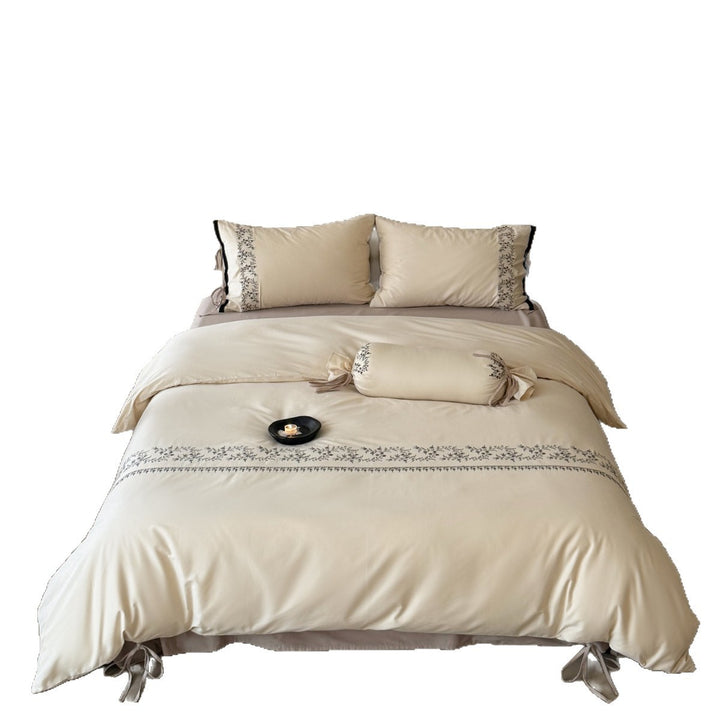 Embroidered Cotton Duvet Cover Set with Decorative Bolster and Tie-closure Pillowcases