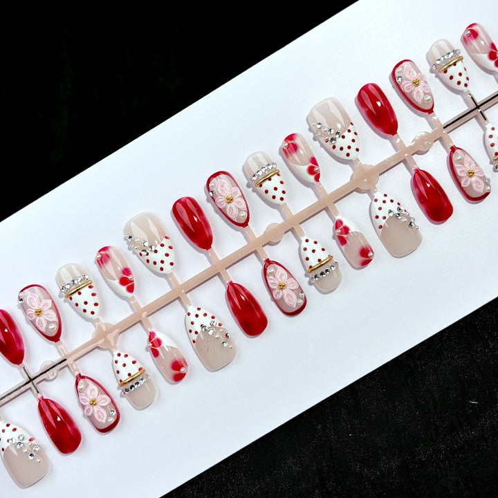 Artistic Floral and Gem-Embellished Press-On Nail Set