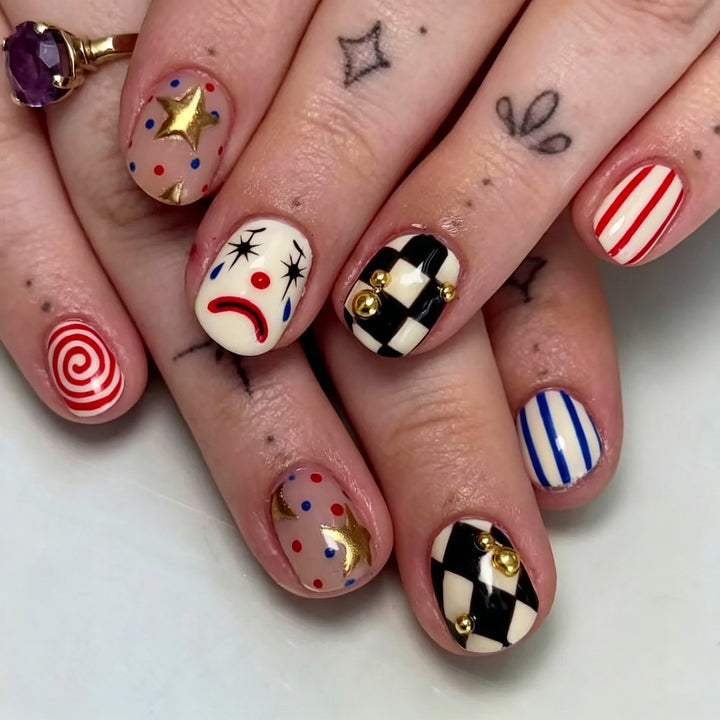 Artistic Clown-Inspired Press-On Nail Art Set Stornfield