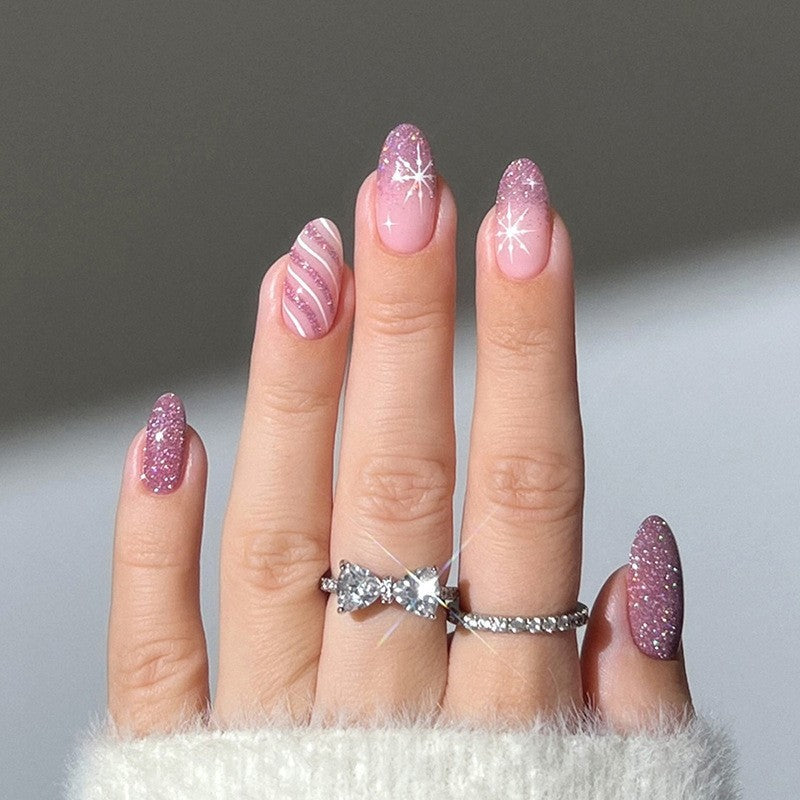 Decorative Press-On Nail Set with Glitter and Striped Design Stornfield
