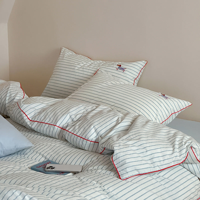 Striped Cotton Percale Duvet Cover Set with Piped Edge and Embroidered Motif