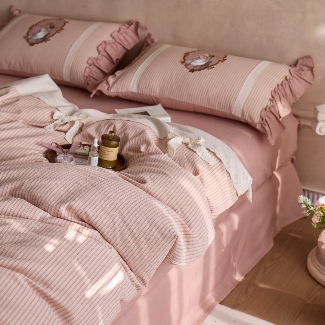 Romantic Ruffled Striped Cotton-Linen Blend Duvet Cover Set with Embroidered Cameo Pillow Shams