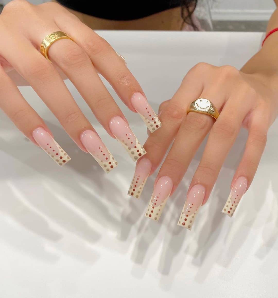 Artistic Nail Extensions with Elegant Dots and Shimmering Ombré Stornfield