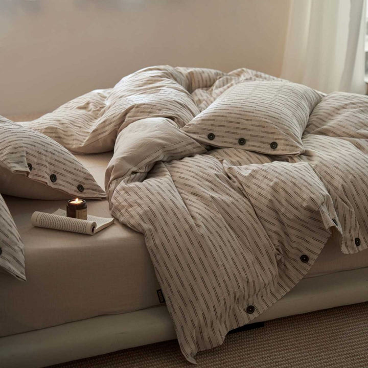 Button-Closure Striped Cotton-Linen Duvet Cover Set with Matching Pillowcases