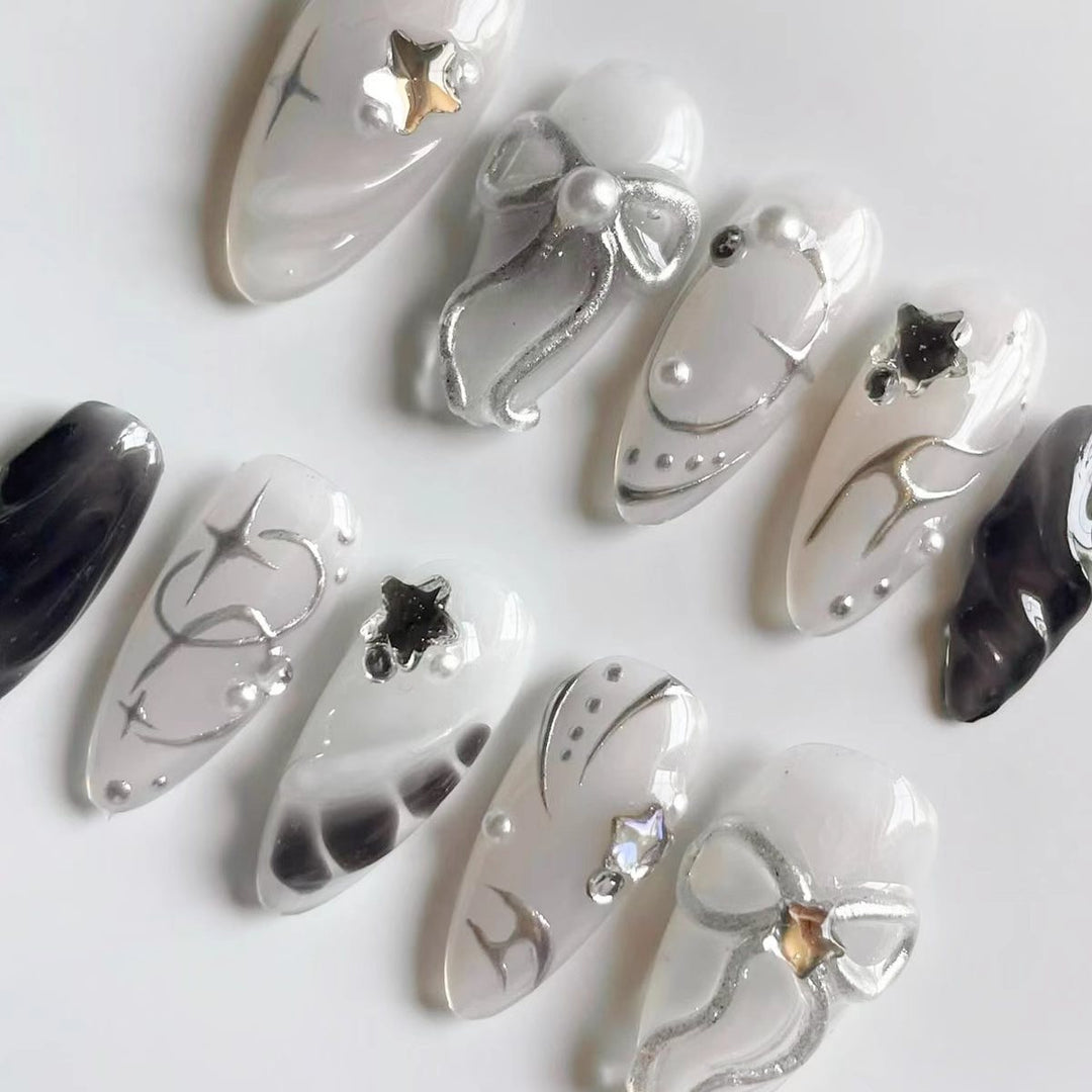 Creative Press-On Nail Art Set with Elegant Silver Accents Stornfield
