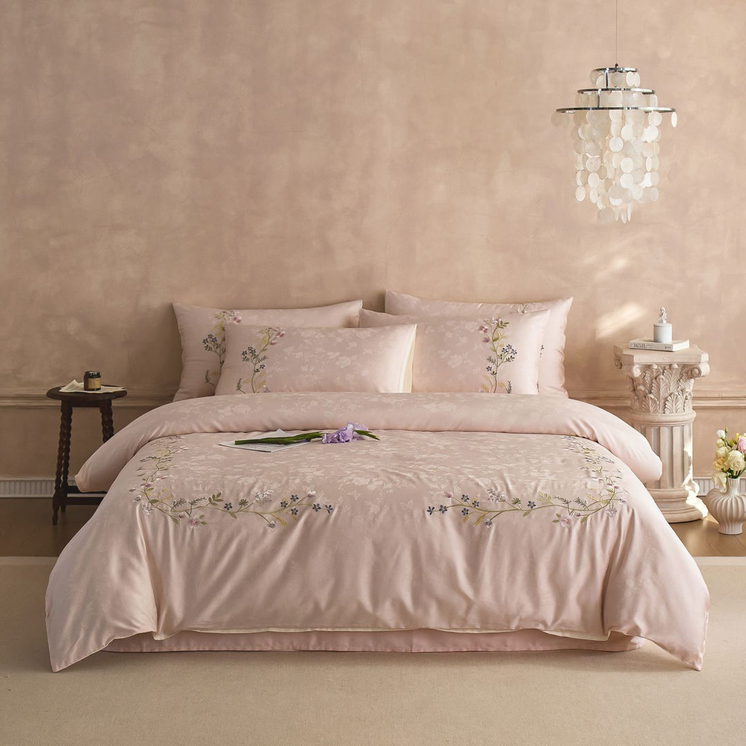 Satin bedding set with fine floral embroidery and jacquard structure