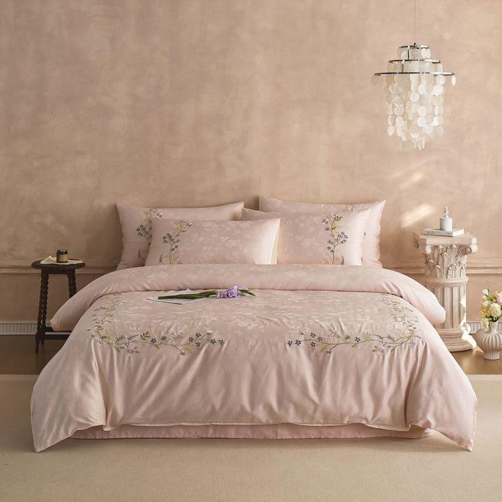 Satin bedding set with fine floral embroidery and jacquard structure
