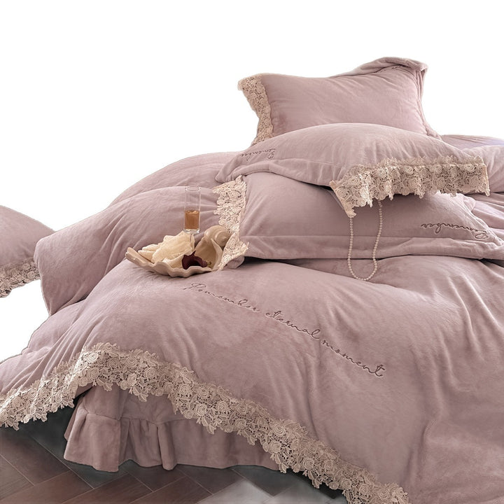 Luxury Lace-Trim Velvet Duvet Cover Set with Embroidered Script Pillow Shams