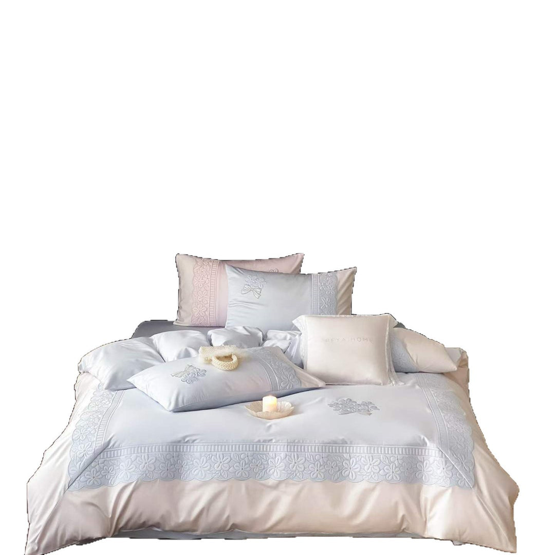 Embroidered Luxury Cotton Sateen Bedding Set with Floral Lace Trim