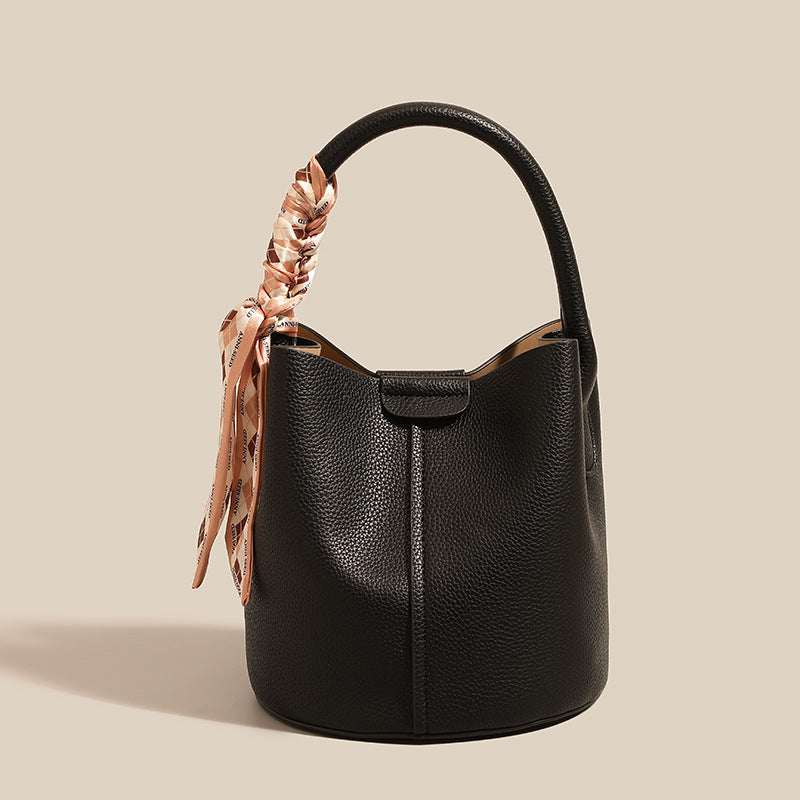 Textured Leather Bucket Bag with Scarf Detail