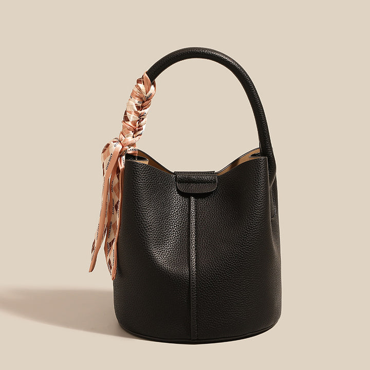 Textured Leather Bucket Bag with Scarf Detail