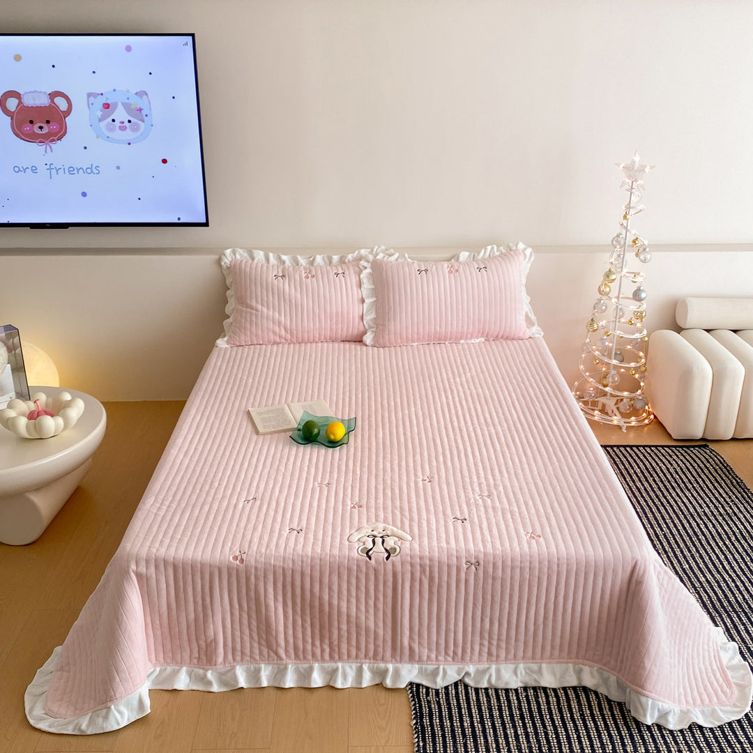 Quilted Ruffled Bedspread Set with Embroidered Bow Motifs and Ruffled Pillow Shams