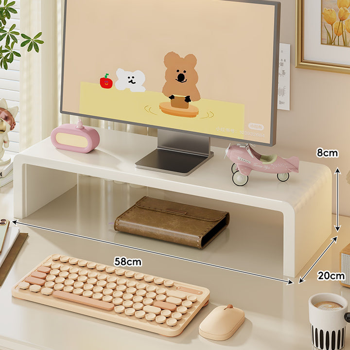 Wide Solid Wood Curved Desktop Monitor Stand Riser with Under-Shelf Storage