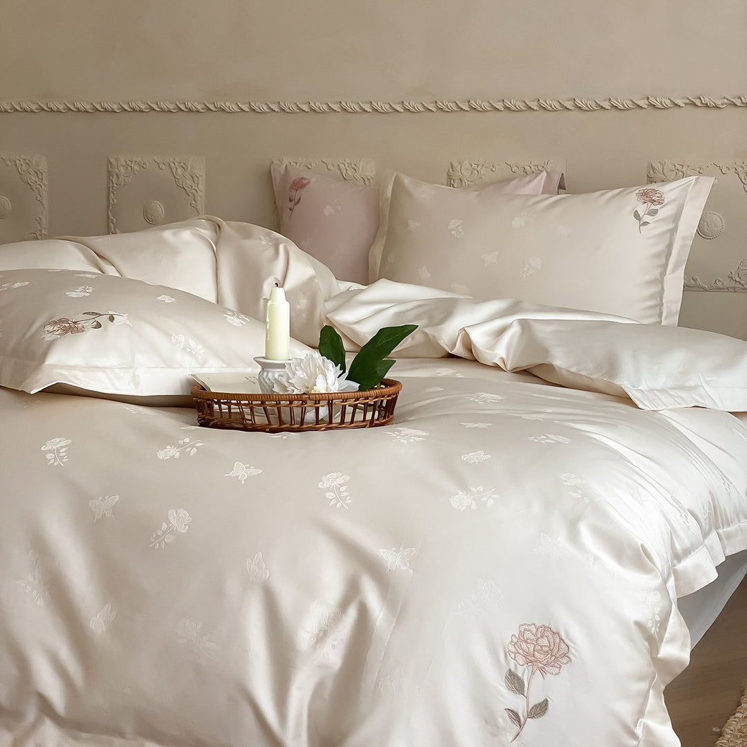 Luxurious cotton satin duvet cover set with fine rose embroidery and jacquard relief