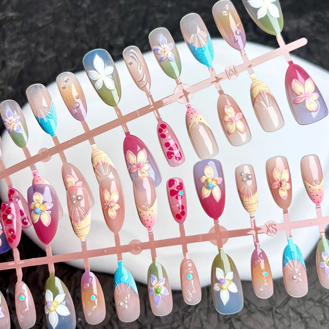 Floral Press-On Nail Art Set with Gem Accents