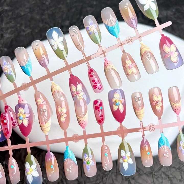Floral Press-On Nail Art Set with Gem Accents