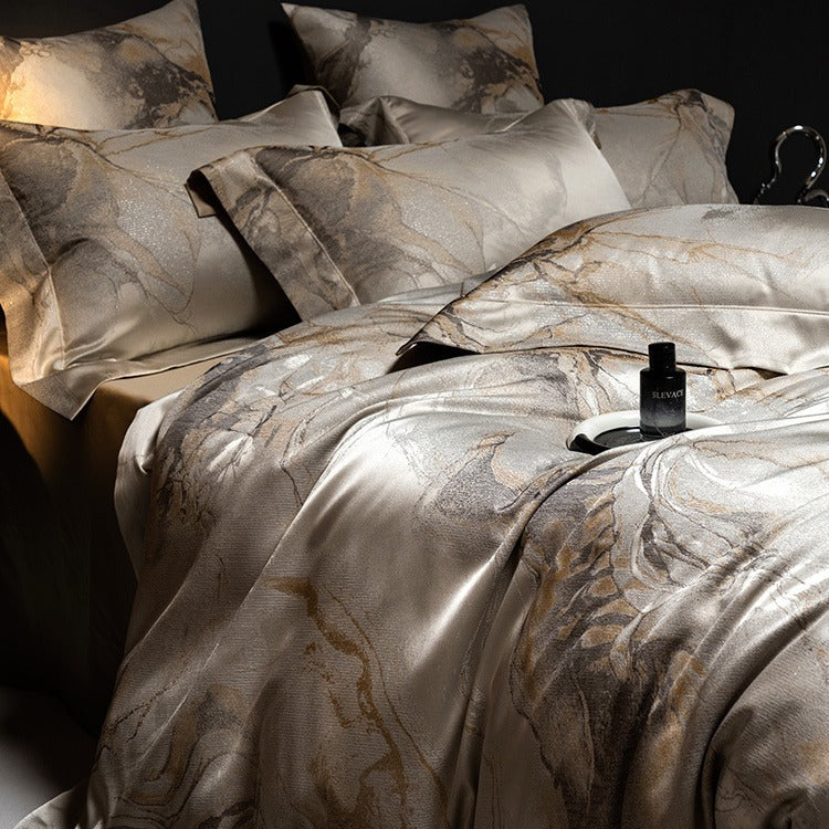 Luxury Marble-Print Satin Duvet Cover Set with Pillow Shams & Hidden Zipper
