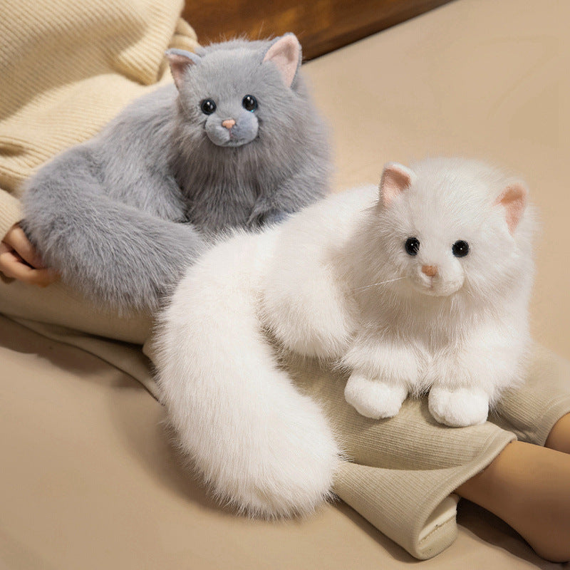Realistic Long-Haired Plush Cat Decorative Cuddle Toy with Oversized Fluffy Tail Stornfield