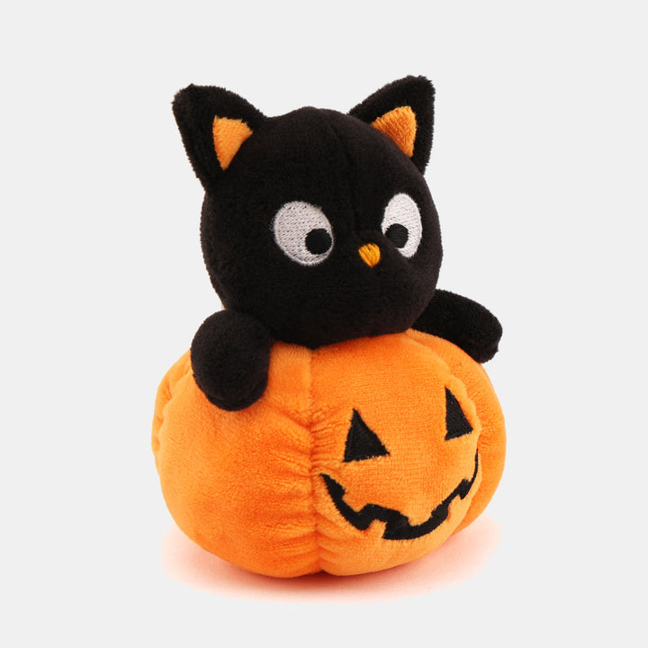 Plush figure cat on pumpkin with embroidered face