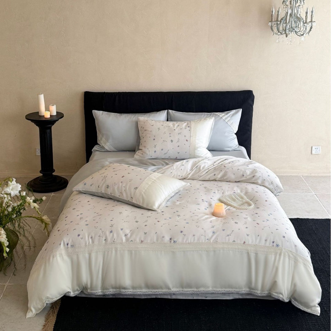 Finest cotton satin bedding set with delicate floral embroidery and lace border Stornfield