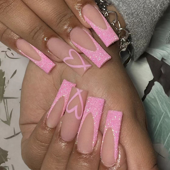 Glittery Heart-Design Long Press-On Nails Stornfield
