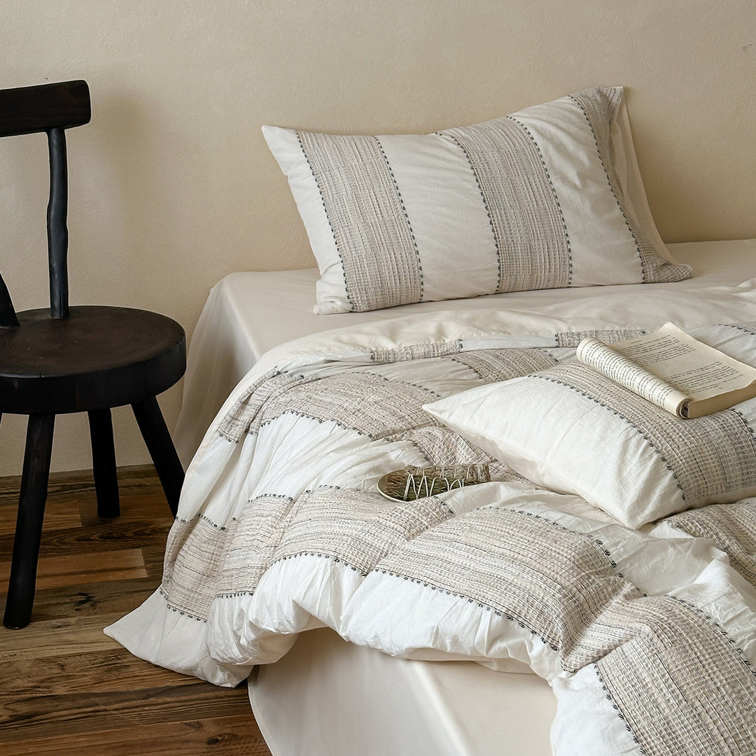 Luxury Washed Cotton-Linen Duvet Cover Set with Woven Stripe Accents