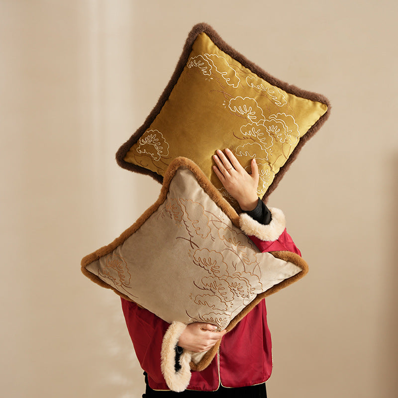 Square velvet decorative cushion with delicate floral embroidery and soft faux fur trim