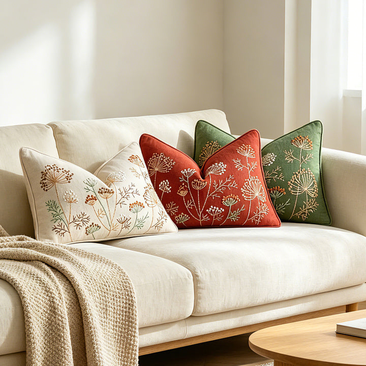 Square Embroidered Linen-Blend Decorative Throw Pillow Cover with Piped Edge