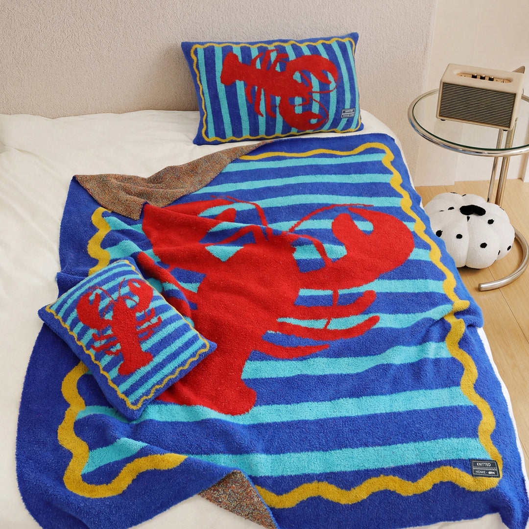 Decorative Knitted Lobster Throw Blanket with Matching Lumbar Pillow