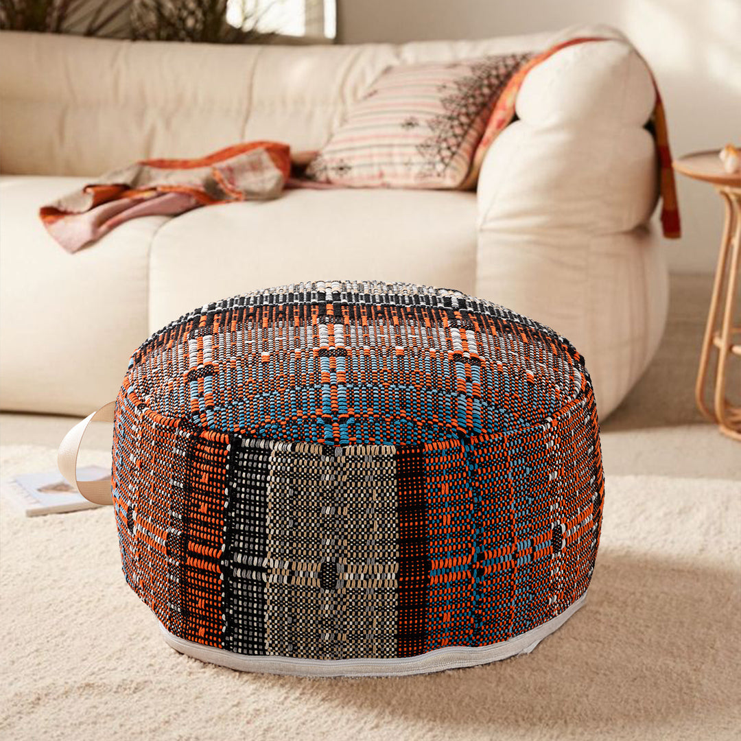 Round woven seat pouf made of durable cotton mix with practical carrying handle Stornfield