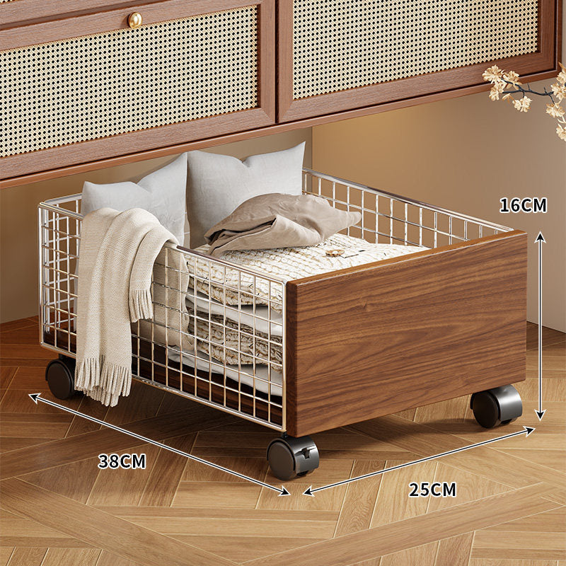 Underbed Rolling Wire Storage Drawer with Wooden Front and Locking Casters
