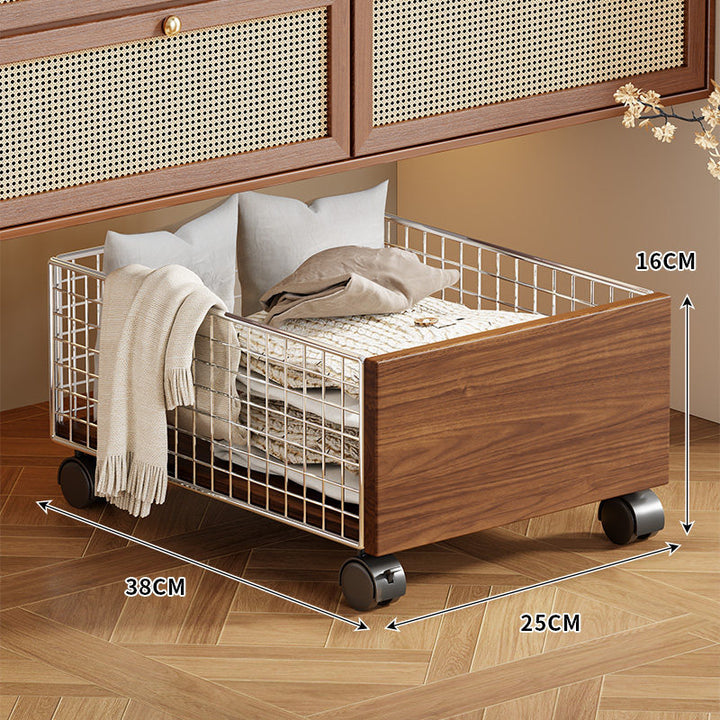 Underbed Rolling Wire Storage Drawer with Wooden Front and Locking Casters