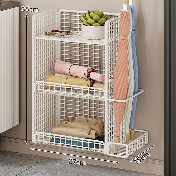 Wall-Mounted Mesh Entryway Organizer with Three-Tier Shelves and Side Umbrella Rack
