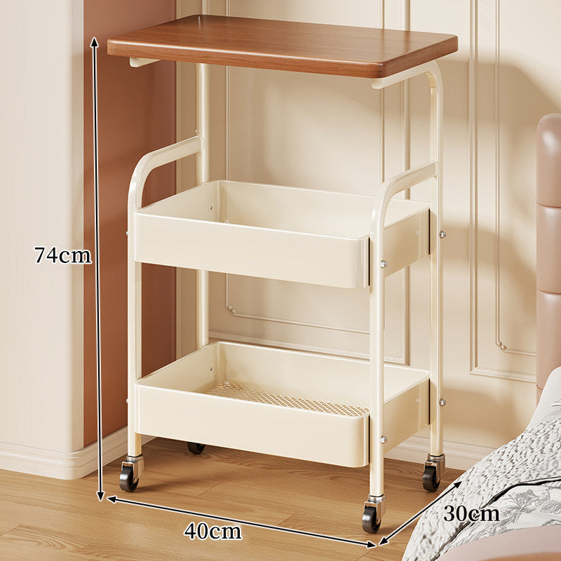 Mobile Wooden-Top Bedside Cart with Metal Frame and Lower Storage Tray