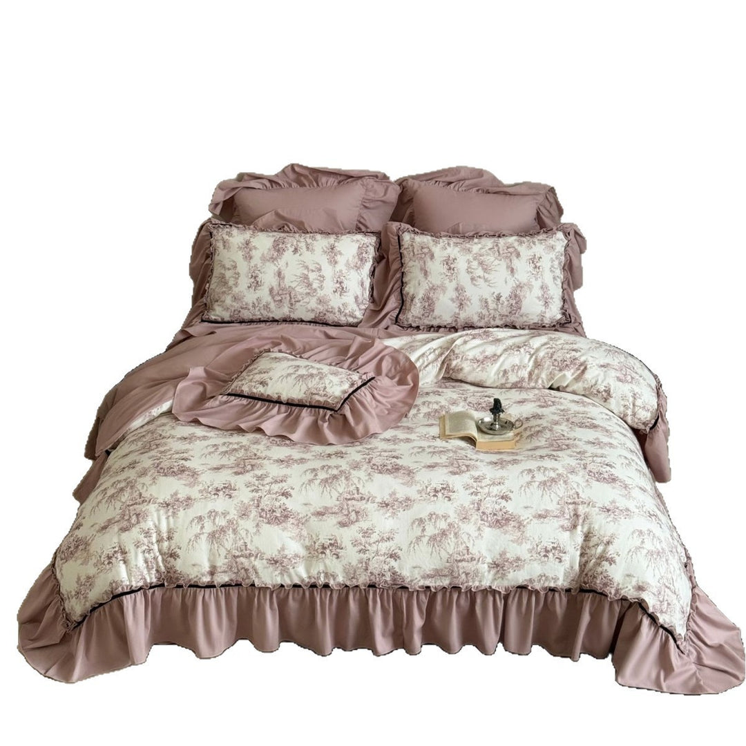 Romantic Toile-Print Ruffled Duvet Cover Set with Layered Bed Skirt