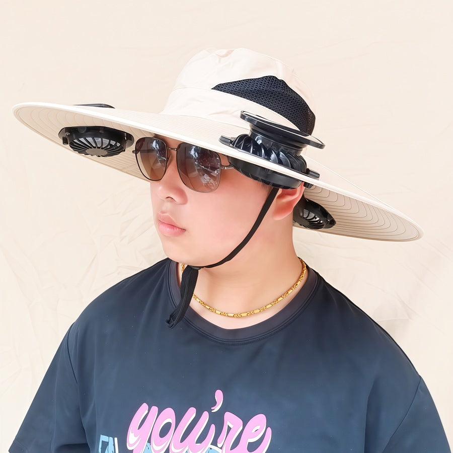 Wide-brimmed sun hat with detachable swivel solar fans and adjustable chin strap Stornfield