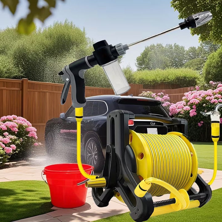 heavy-duty retractable garden hose reel system with pistol spray gun and faucet connector Stornfield