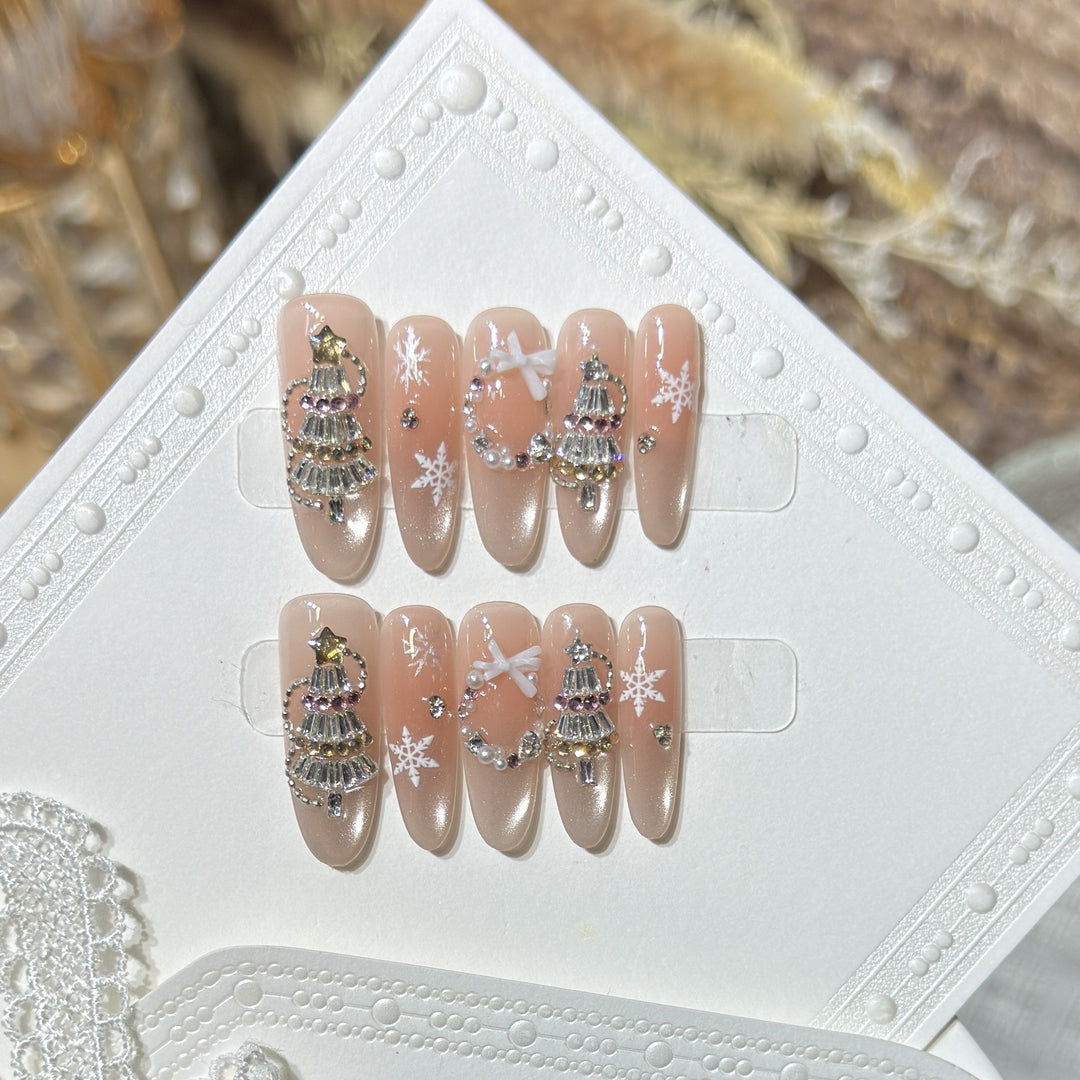 Decorative Stiletto Press-On Nail Art Set with Snowflake and Gemstone Accents Stornfield