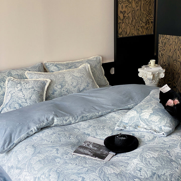 Jacquard bedding set with leaf relief, light quilting, and soft finish