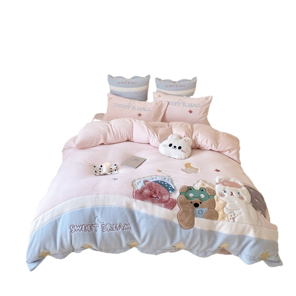 Cartoon Space-Themed Cotton Duvet Cover Set with Reversible Velvet Scallop Trim and Embroidered Astronaut Motifs