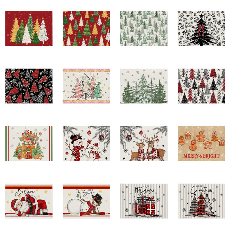 Decorative Rectangular Cotton-Linen Holiday Tablecloth with Repeating Hand-Painted Christmas Tree Motif