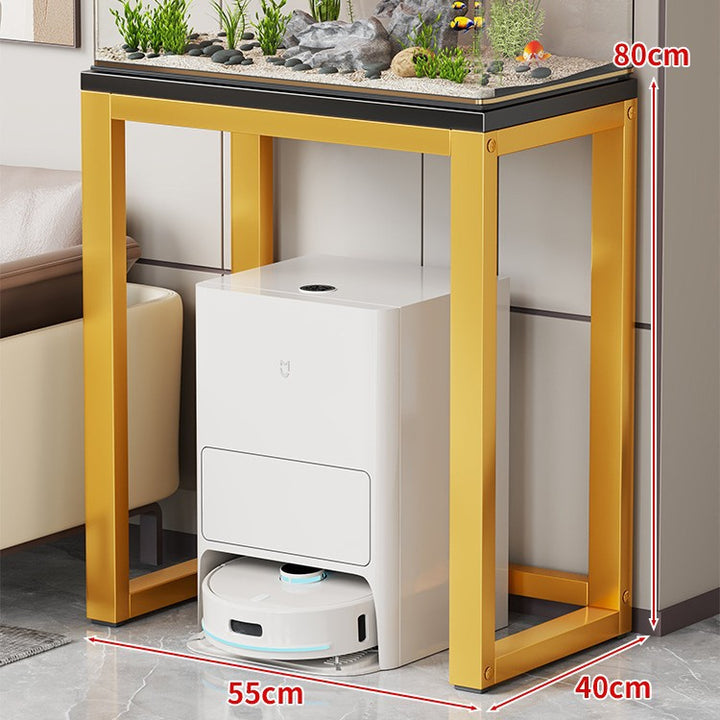 Gold Metal Aquarium Console Table with Faux Marble Top and Robot Vacuum Storage