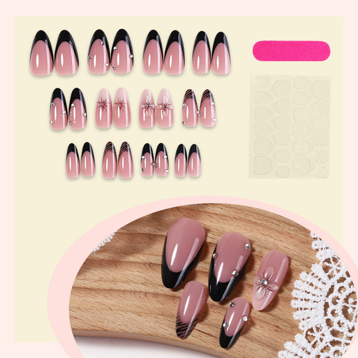 Deluxe Press-On Nail Set with Elegant Black Tips and Embellishments Stornfield