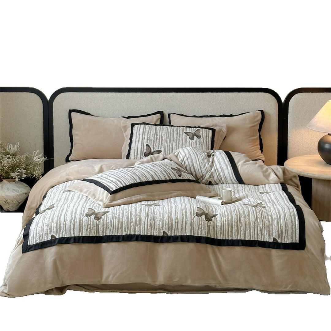Quilted Velvet Duvet Cover Set with Embroidered Butterfly and Piped Edges